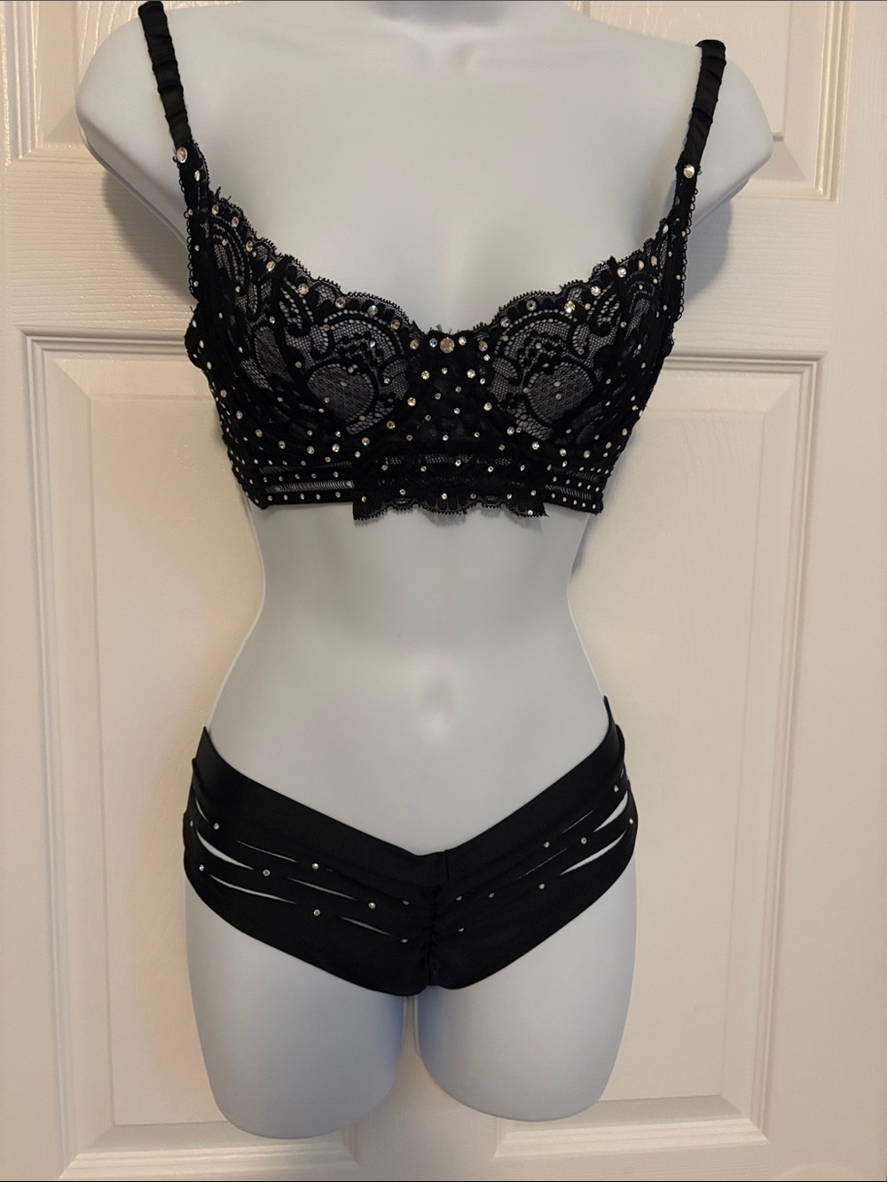 Black Lace & Stud Embellished Bra and Brief Set